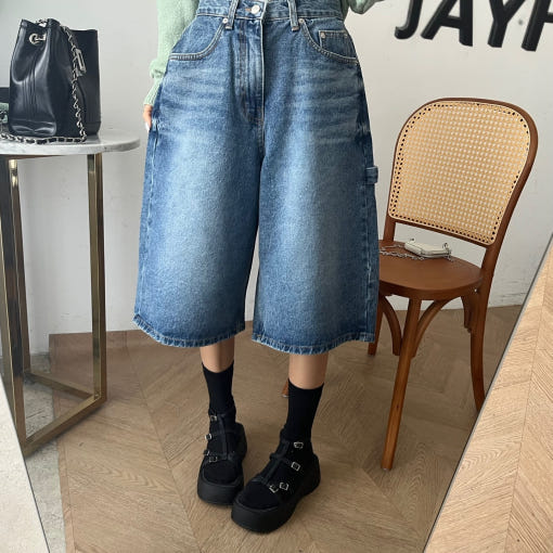 Retro Heavy Industry Washed Soft 6-point Wide Leg Jeans