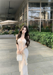 Photographed~ Pure Desire Seductive Girl Stereo Flower Ribbon Strap Dress Slim Waist Bodycon Vacation Full Figure Long Dress