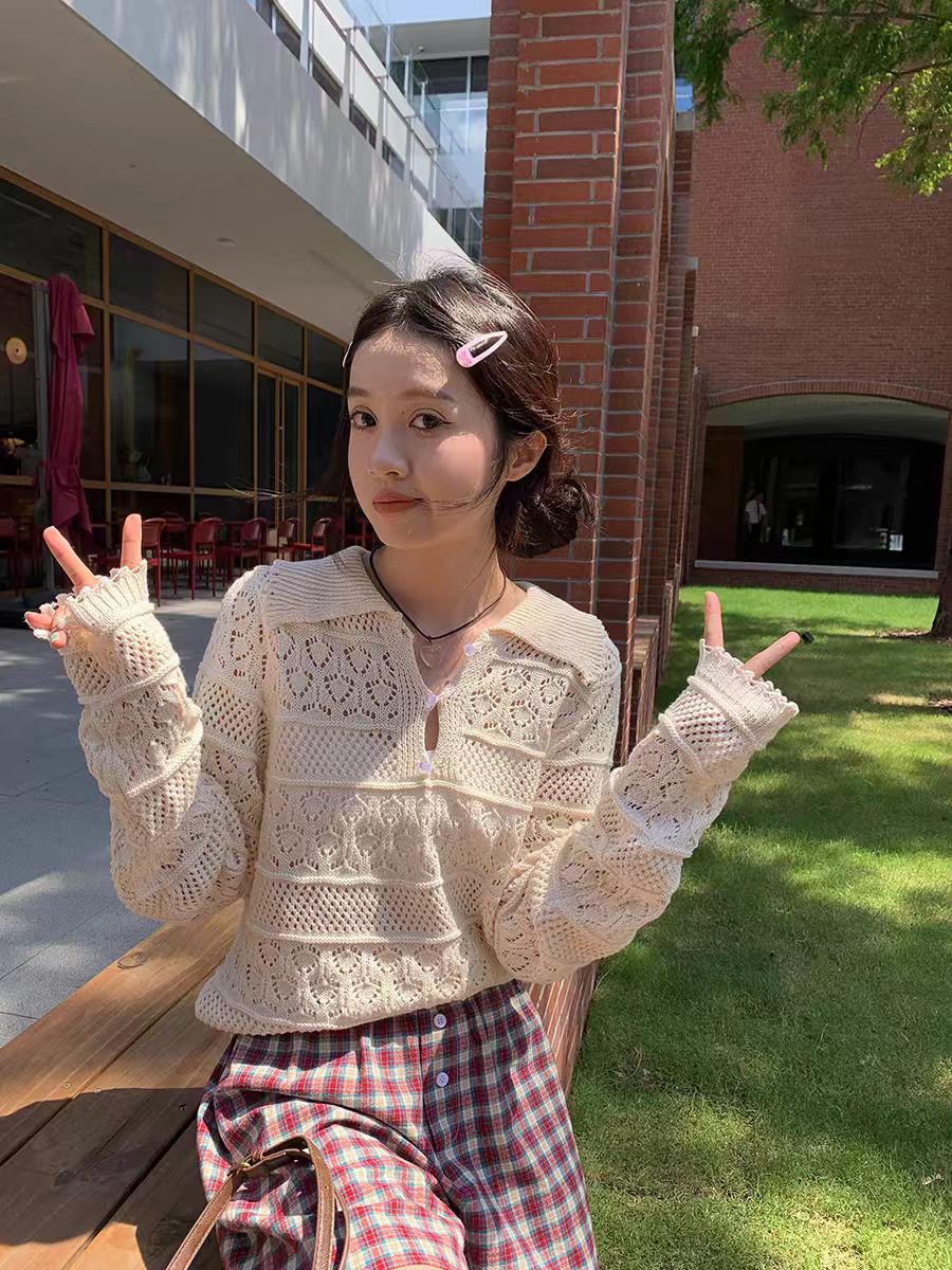 Temperament Oni white sweet doll collar knitted T-shirt for women new small cute short top