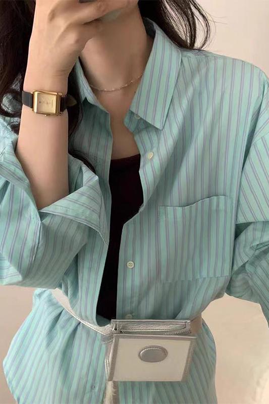 Mint blue green striped casual long-sleeved shirt for women lazy French design loose shirt sun protection jacket top