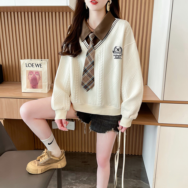 實拍原創款提花假兩件大碼女裝春秋薄長袖衛衣女寬鬆設計感上衣