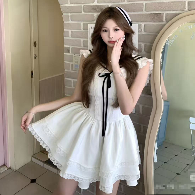 High-end design sense summer new girl waist-hugging energy navy style sweet girl dating daily puffy skirt
