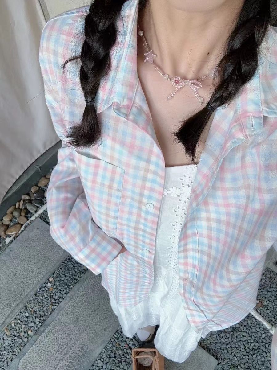 非實拍 防曬襯衫外套女春夏新款法式上衣設計感小眾格子襯衣