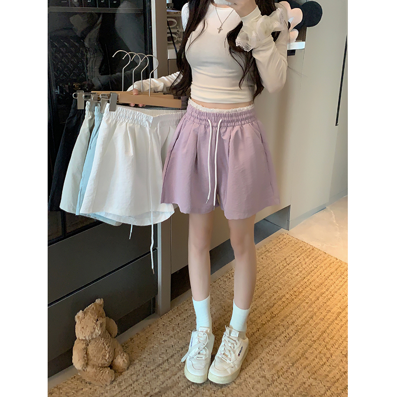 Real shot!  2025 summer new elastic waist drawstring shorts slimming wide-leg pants solid color casual pants for women