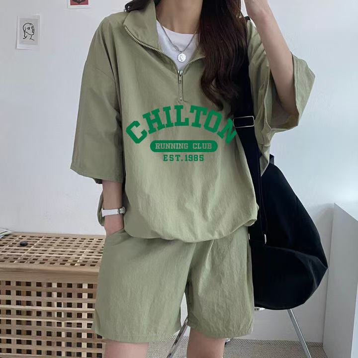 Korean sportswear suit women's letter printing summer new short-sleeved shorts cute girl running two pieces