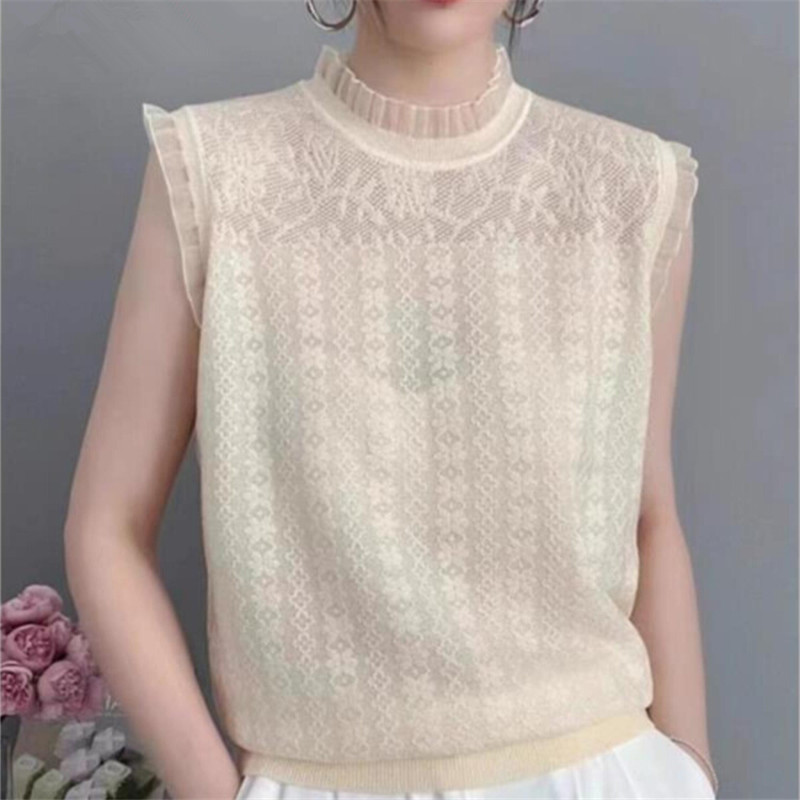Lace sleeveless vest T-shirt for women 2025 new spring clothes round neck bottoming loose knit top thin