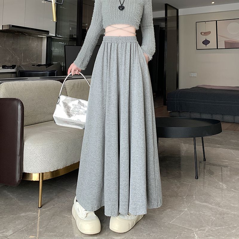 Grey Soft Glutinous Rice Knit Wide Leg Pants for Girls, Spring and Autumn Style, High-Waisted, Slimming, Loose, Draping, Casual Floor-Length Skirt