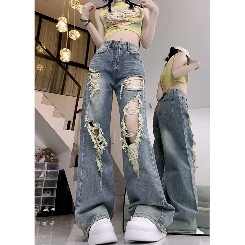 American retro washing ripped jeans for women 2025 spring and summer Korean version high waist loose slimming straight wide-leg pants