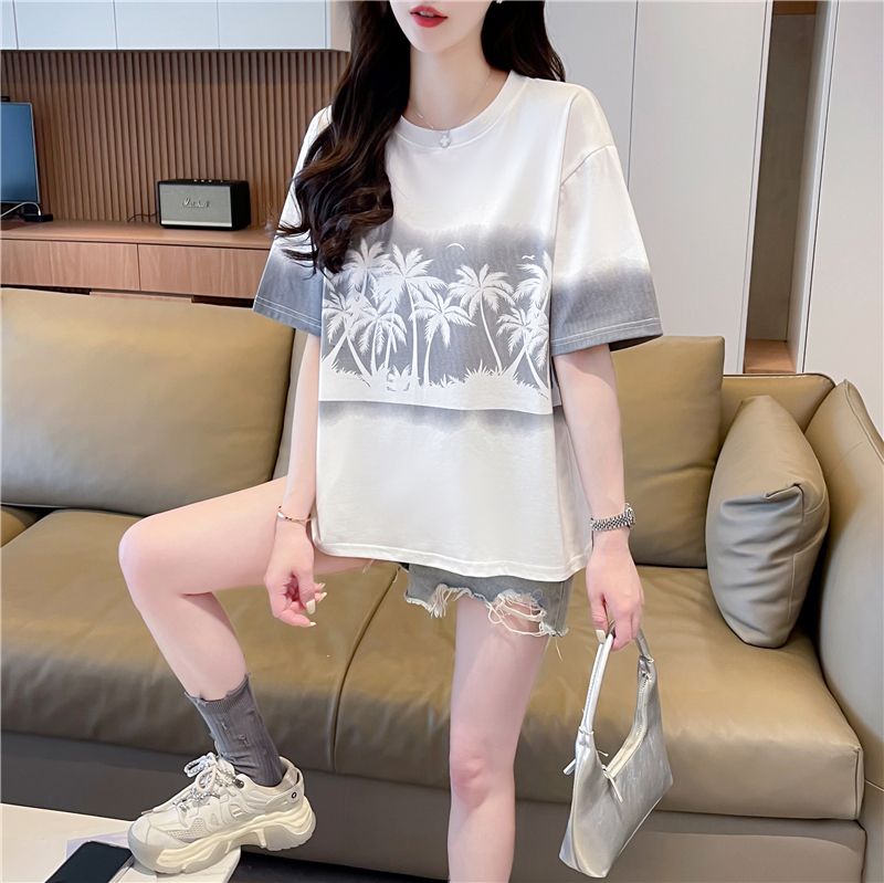 實拍 韓版寬鬆漸變短袖t恤女新款夏季卡通印花大碼上衣ins潮