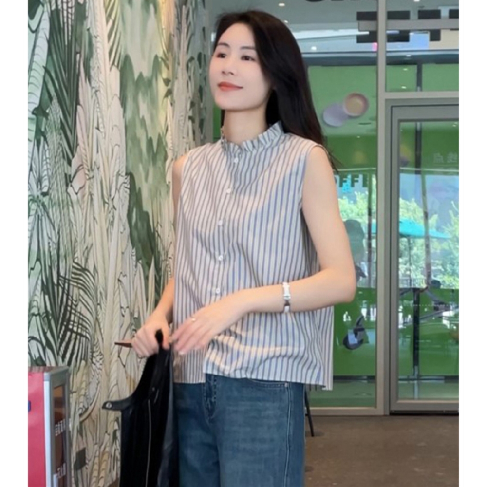 Korean chic2025 new lotus leaf collar layered sleeveless shirt for women summer striped top