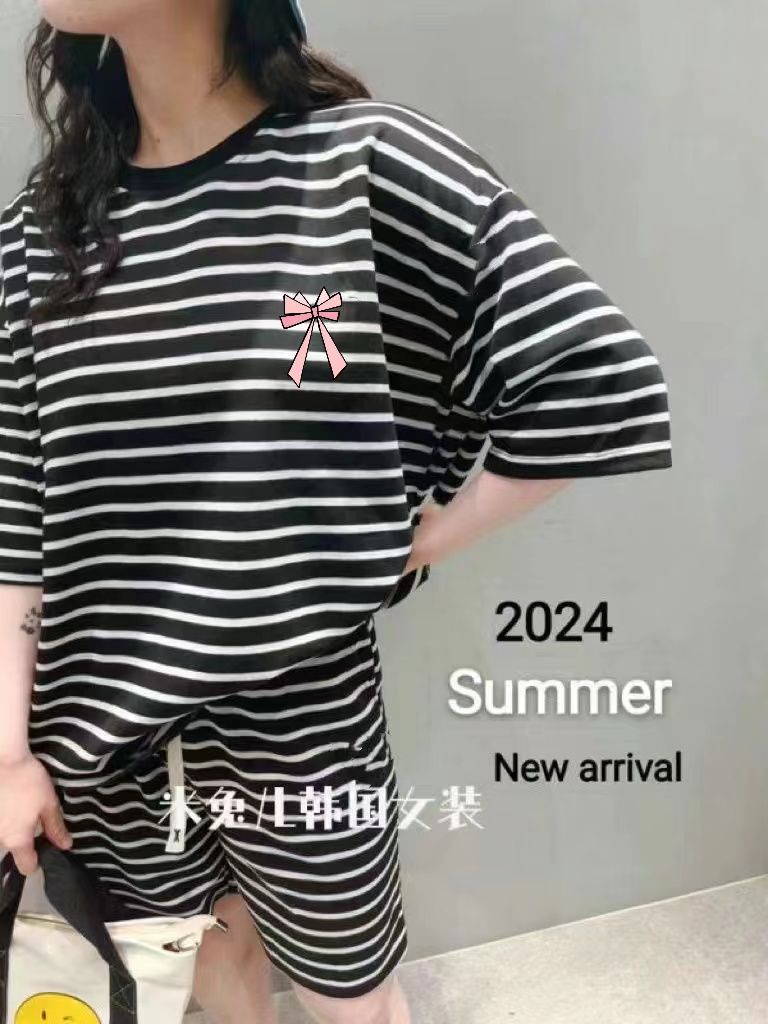 South Korea Dongdaemun Women's Clothing 2025 Summer New Agaci Smiley Striped Short Sleeve T-shirt Shorts Set