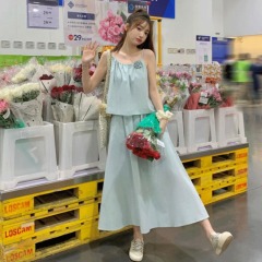 Korean French sweet age-reducing suspender top set for women's summer new style slim high waist long skirt two-piece set