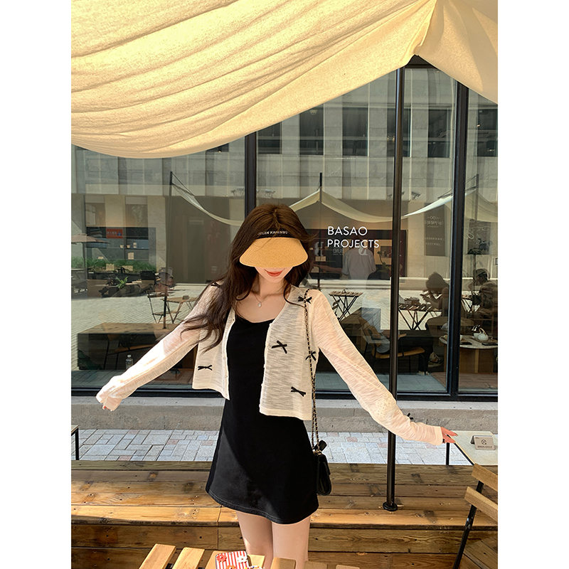 Chen Dayu's unique thin bow top for women's summer suspender skirt with knitted cardigan ice silk sunscreen jacket