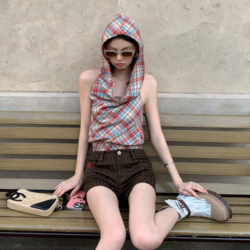 2025夏季新款復古紅色格子盪領上衣女夏辣妹無袖連帽外穿背心上衣