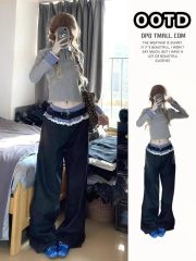 Two-piece casual pants for women with splicing retro loose Korean ins fashionable slim straight wide-leg pants