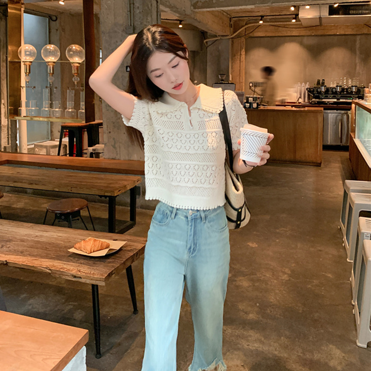 White sweet doll collar knitted T-shirt for women new small cute top