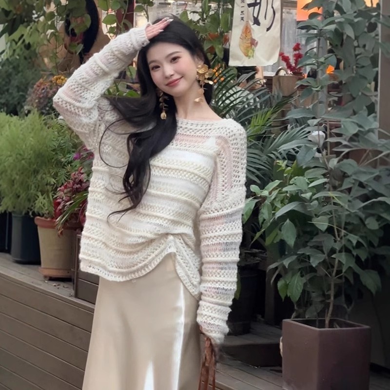 French hollow mohair sweater for women 2025 spring new lazy style long-sleeved sweater chic Korean top