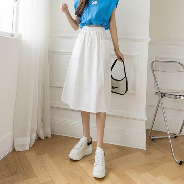 New summer design umbrella skirt Korean versatile slim elastic high waist A-line skirt mid-length large sway skirt