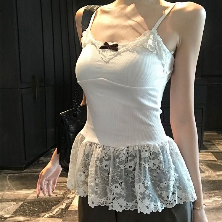 高級感修身顯瘦辣妹蕾絲獨特收腰吊帶連衣短裙打底無袖上衣