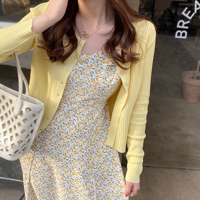 Knitted cardigan with suspender skirt for women's summer new style 2025 thin knitted sweater yellow sun protection jacket top