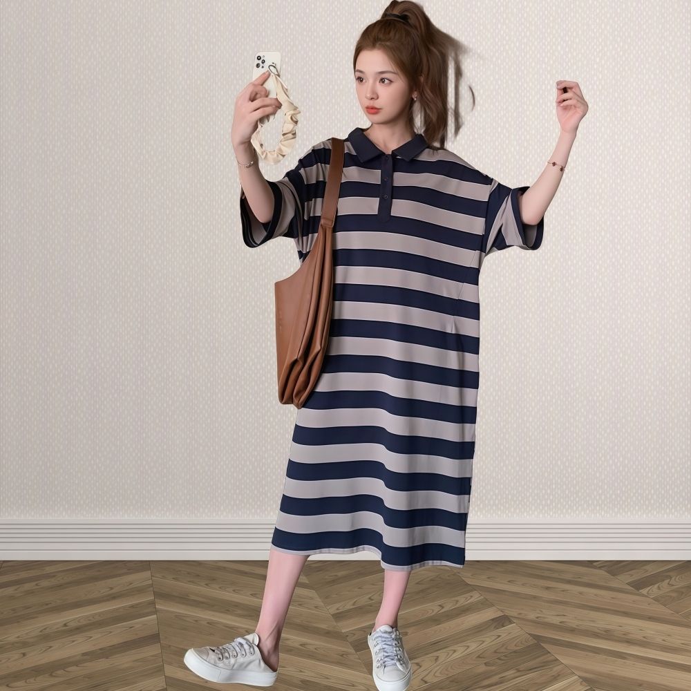 首發polo領條紋連衣裙女超好看寬鬆大碼女裝中長款T恤裙帶口袋
