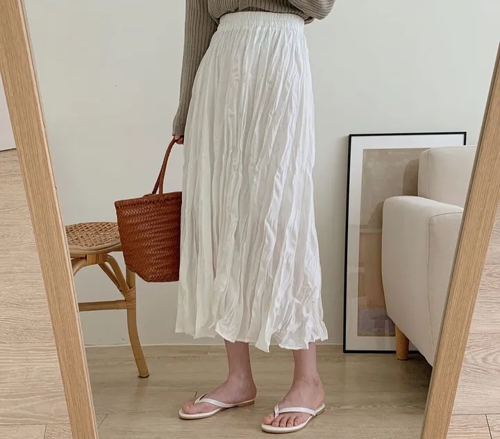 Korean chic solid color high waist slimming mid-length pleated A-line skirt