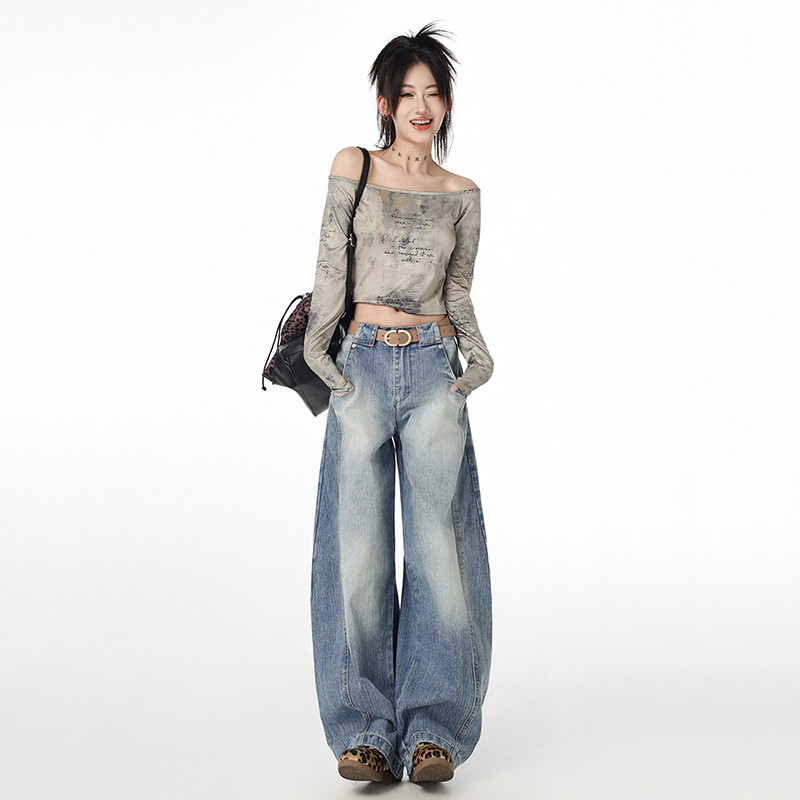 寬鬆彎刀牛仔褲女2025新款美式洗闊腿新款鐮刀休閒香蕉長褲加長