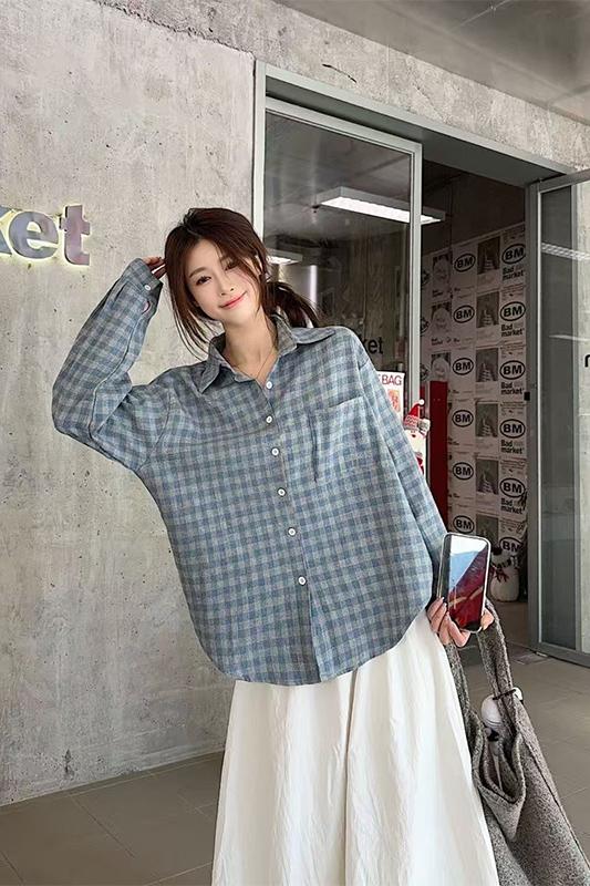 Retro lazy loose blue plaid shirt jacket for women 2025 spring and summer casual Korean style long-sleeved shirt