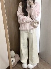 American retro high-waisted bear patch embroidered jeans for women in spring and summer design small loose straight wide-leg pants