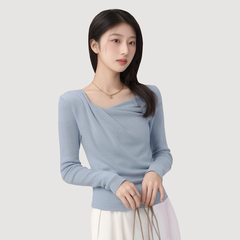 Pure slim neckline one-shoulder sweater for women in spring slim sweet hot girl sexy off-shoulder base sweater
