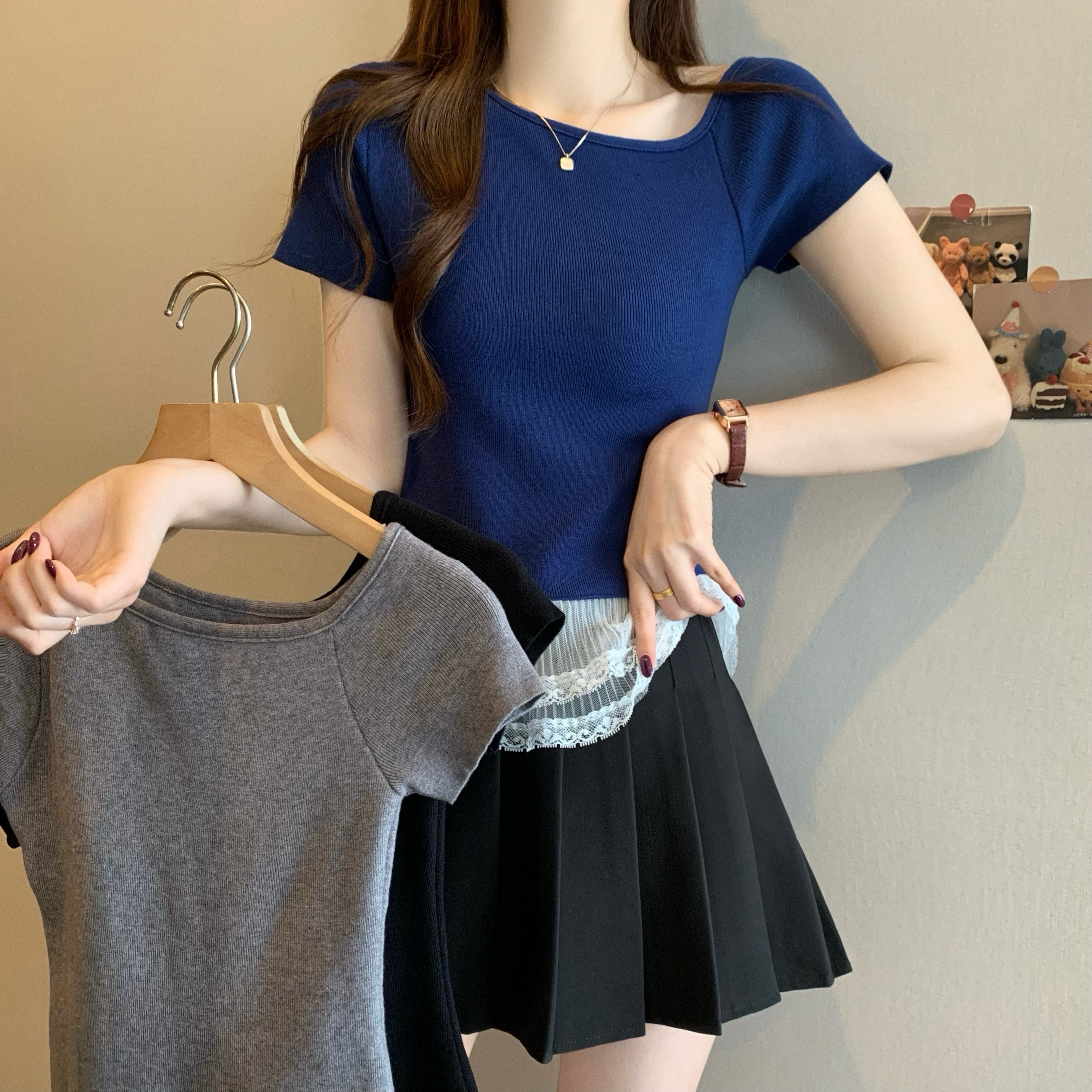 Real shot of the new Korean style design slim lace spliced ​​short-sleeved knitted sweater