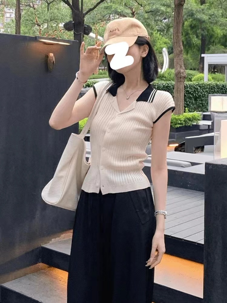 French retro small fragrance style color-blocking ice silk knitted short-sleeved women's summer new polo collar top design niche