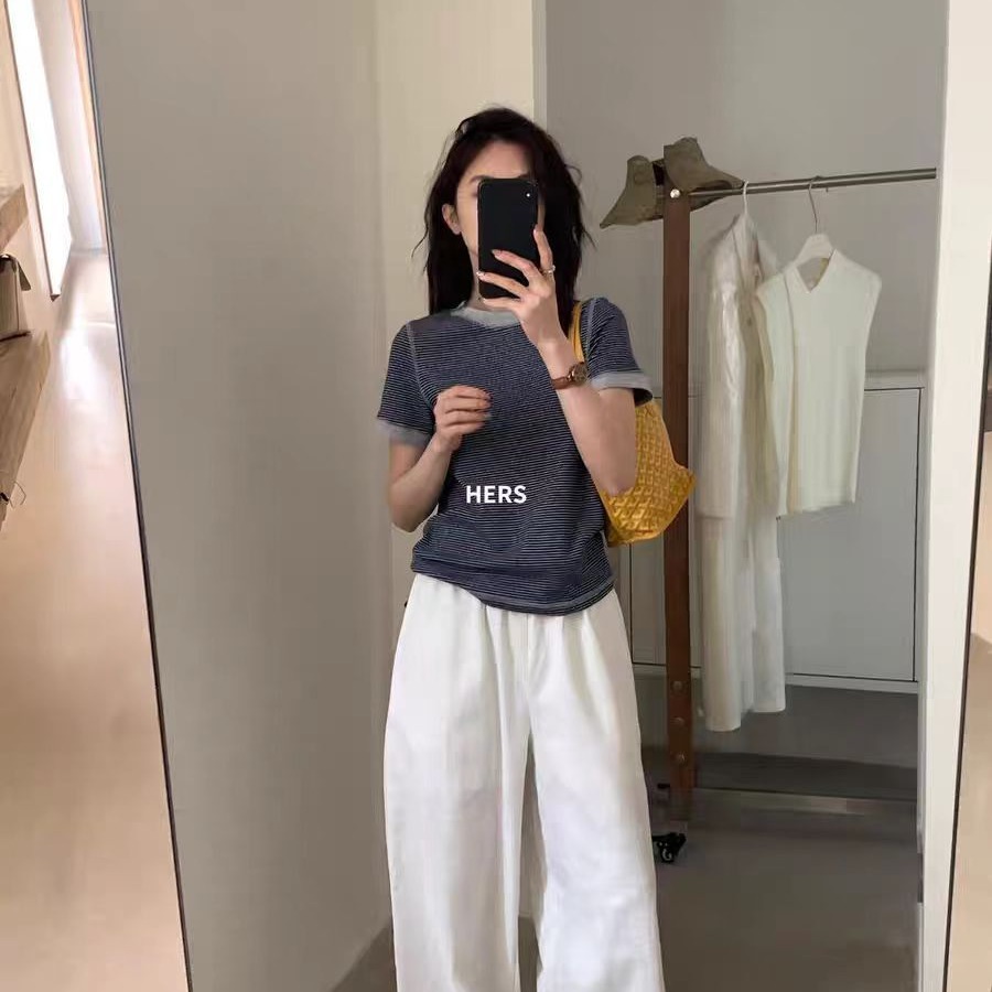 Original color woven European tops bright thread contrasting color design striped short-sleeved T-shirt for women summer simple blogger tone