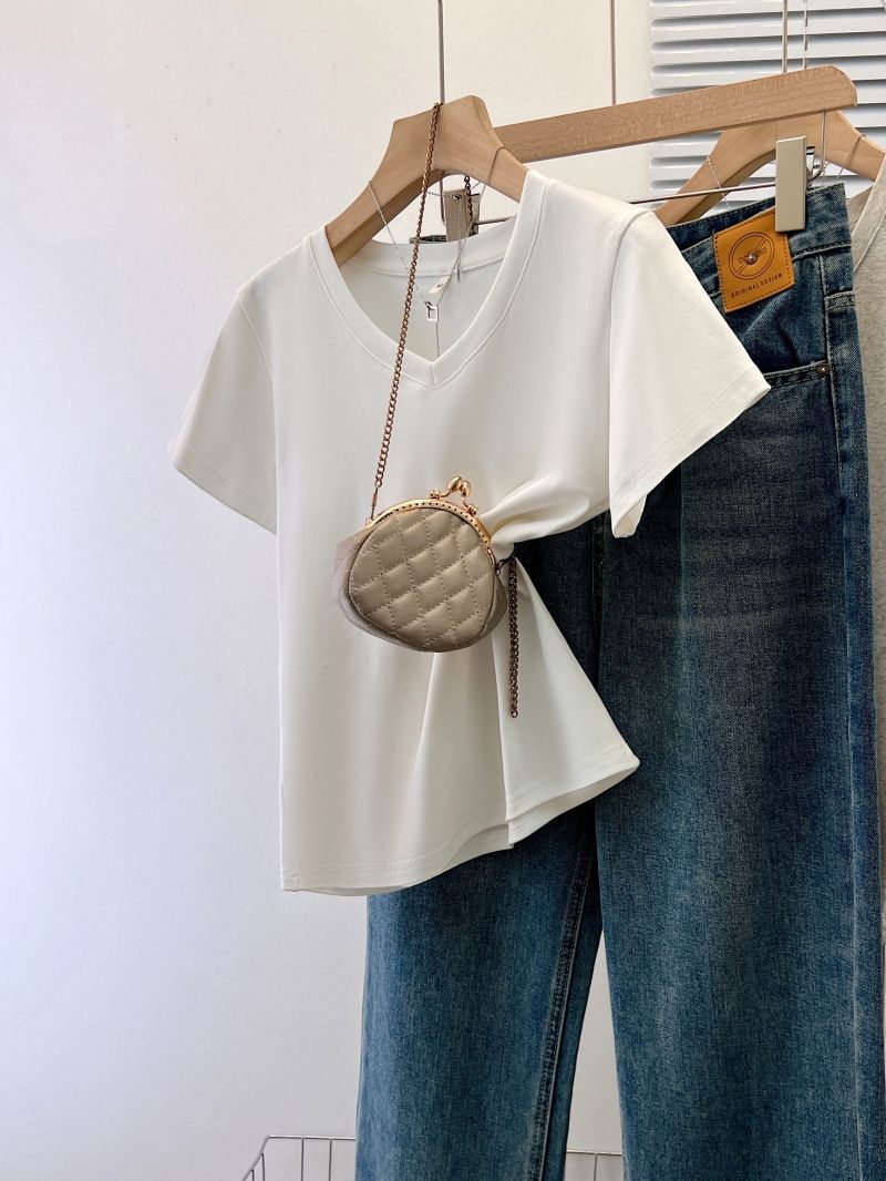 Real shot 40 pure cotton 210g 92 cotton/8 spandex front shoulder V-neck short-sleeved T-shirt for women