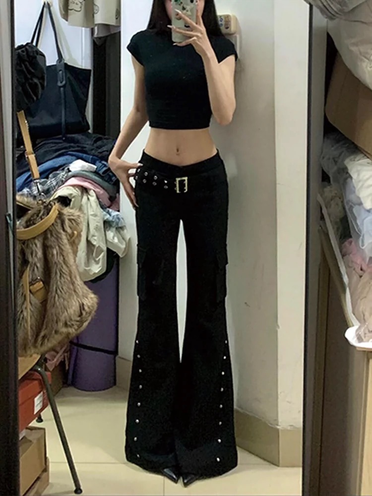 2025 new American retro rivet decorative straight-tire micro-flare casual pants for women slim fit and wide-leg floor pants