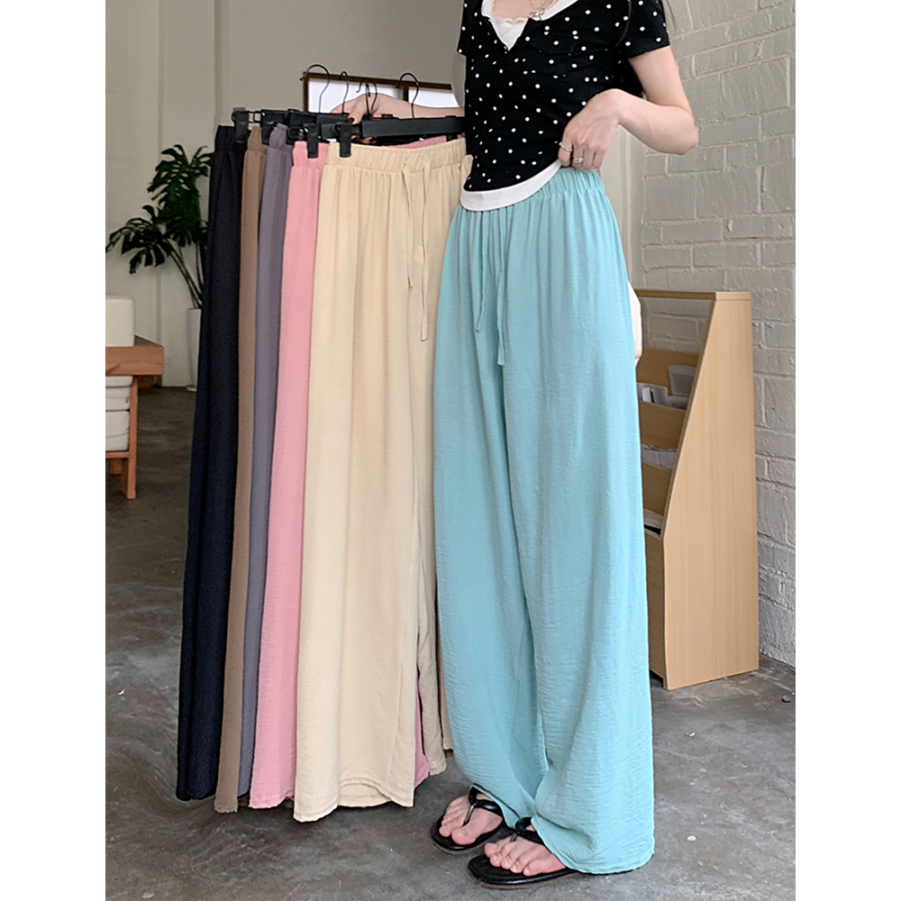 Real shot!  2025 loose slim wide-leg pants elastic waist drawstring straight solid color casual pants trousers for women