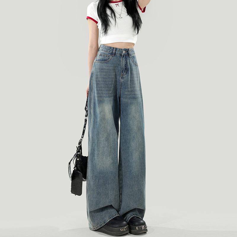 Commuter high street high waist loose wide-leg jeans for women in spring and autumn new draping slim and versatile floor mopping jeans