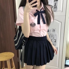 Pink jk shirt short-sleeved top for summer women's shoulders slim small shirt Japanese college style uniform set
