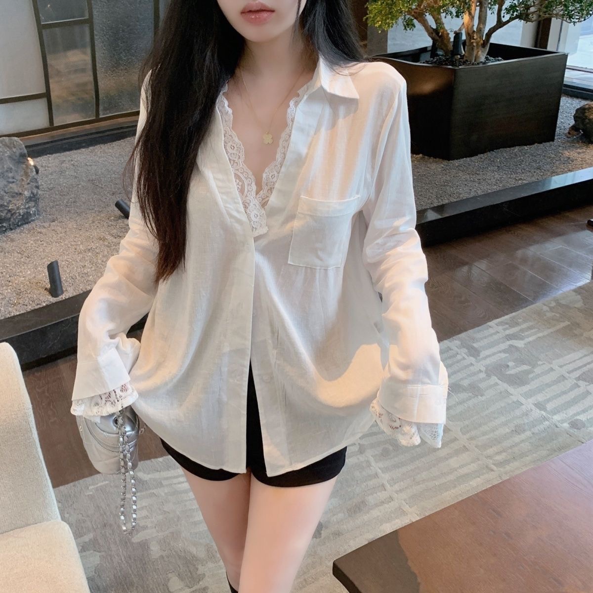 美式穿搭復古襯衫女裝襯衣蕾絲雪紡衫拼接假兩件外套寬鬆辣妹上衣