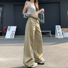 卡其杏色牛仔褲女設計感拼接卡其色寬鬆闊腿直筒長褲加長