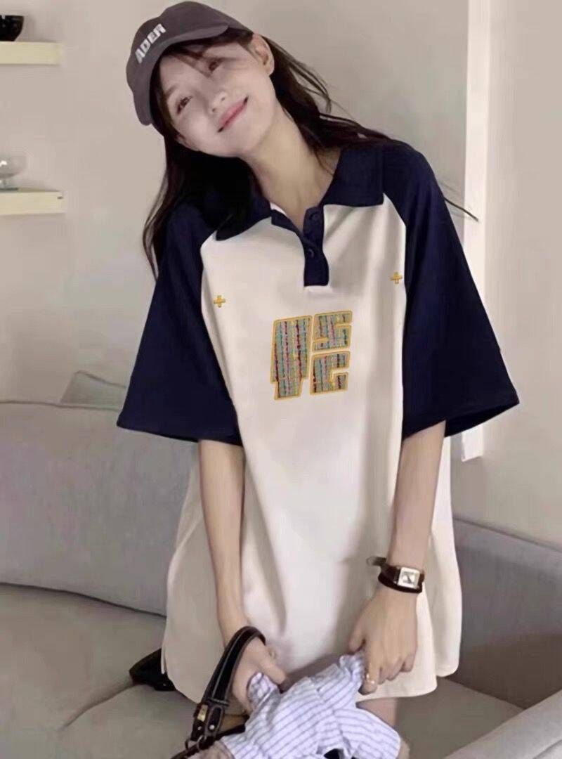 純棉 polo領寬鬆顯瘦t恤女夏季oversize短袖洋氣減齡別致情侶上衣
