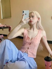 Sweet hot girl mixed yarn hollow knitted vest niche slim short top