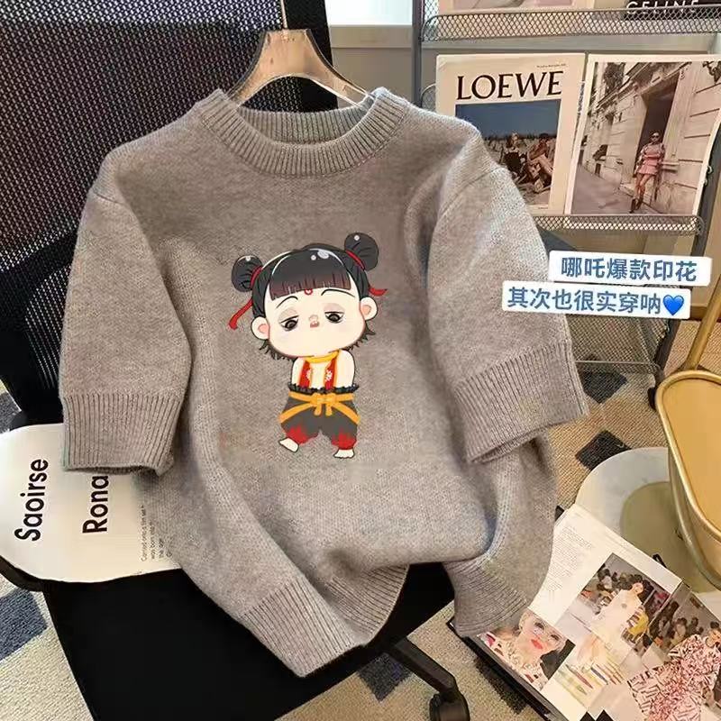 Gray cartoon knitted short-sleeved T-shirt for women 2025 spring and summer new Nezha sweater slim slim top