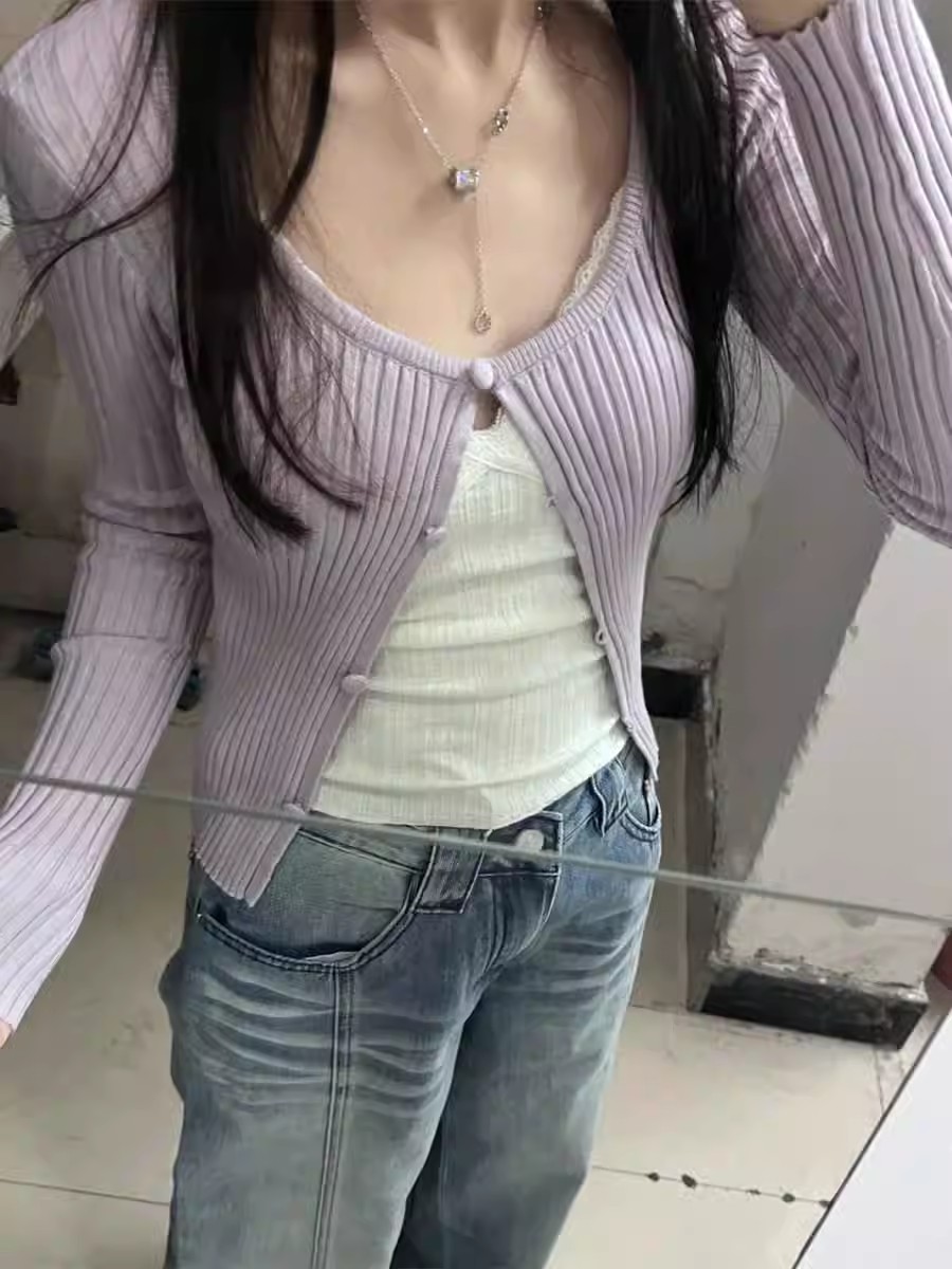 2025 spring clothing new purple low round neck knitted cardigan for women slack and lazy exterior shawl top small jacket