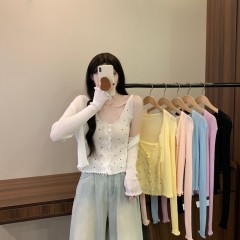 Real shot of the new Korean sweet solid color dopamine sunscreen shirt + polka dot casual suspender two-piece set