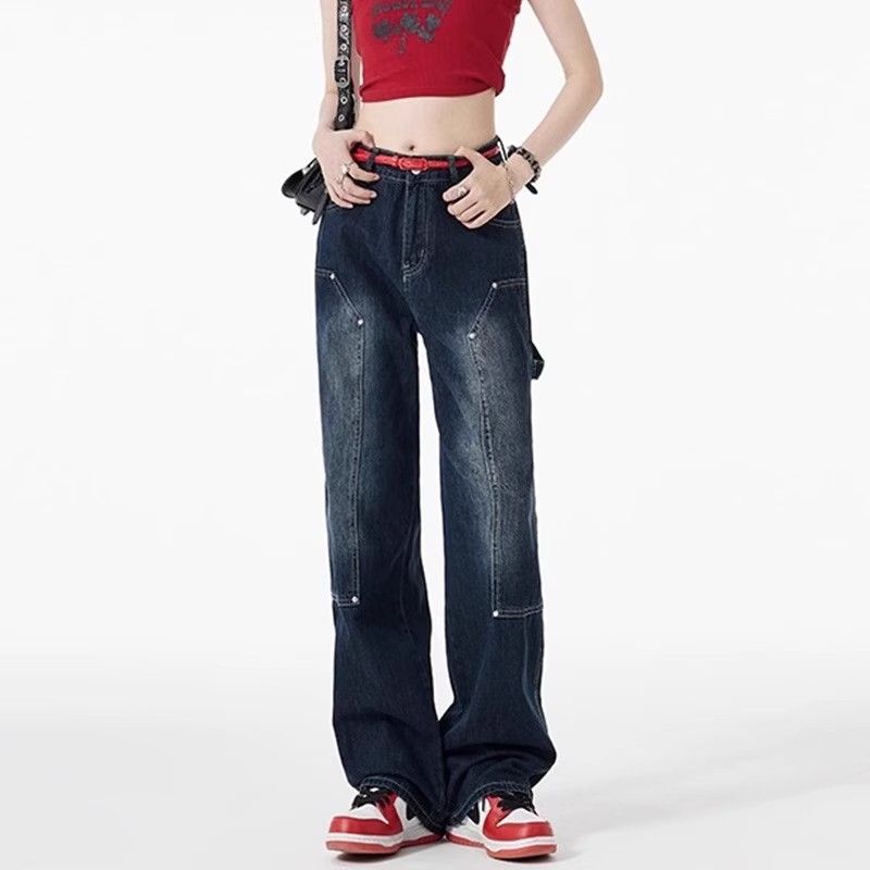 American retro workwear jeans for women in autumn new vibe style design high waist slimming loose wide-leg pants