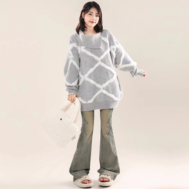 Loose top lazy college style high-end diamond plaid sweater for women's spring new sweet and cool retro