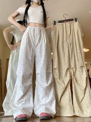 Real photo of floral work pants for women in summer high waist loose casual wide-leg pants American retro white sports pants
