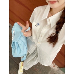 Pocket bow embroidered short-sleeved shirt summer new Korean style college style age-reducing shirt jacket for women ins