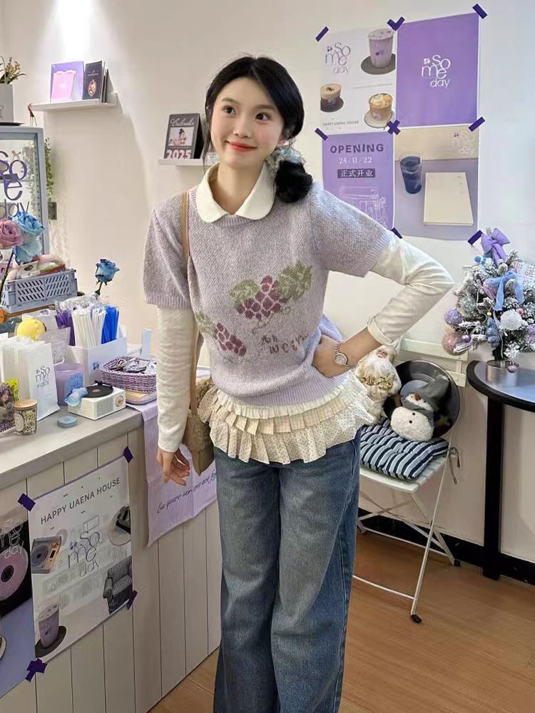 Purple short-sleeved sweater for women in spring grape jacquard layered sweater college style design cute sweet top